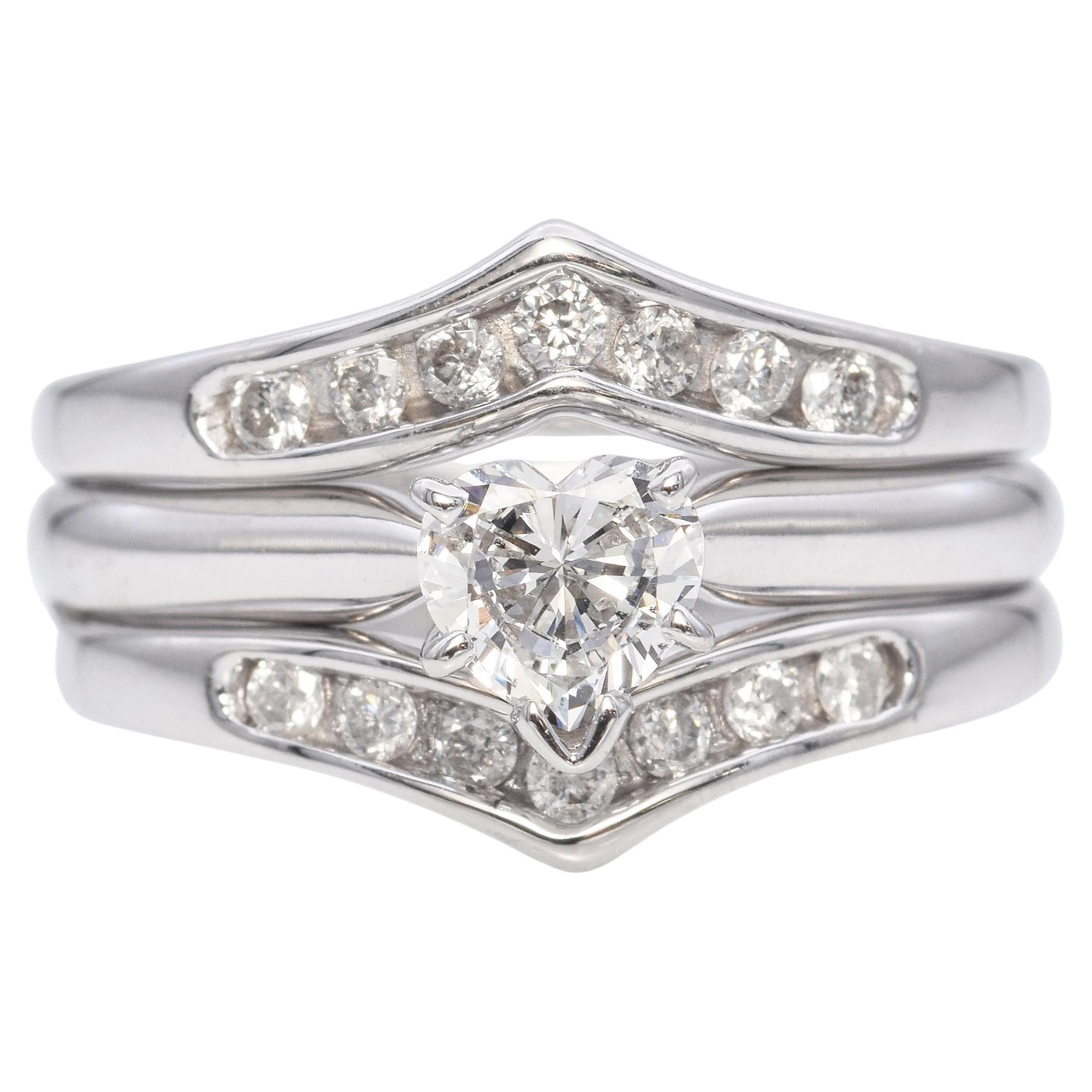 14K White Gold Heart-Cut 0.57 TCW Diamond Engagement Ring Set For Sale