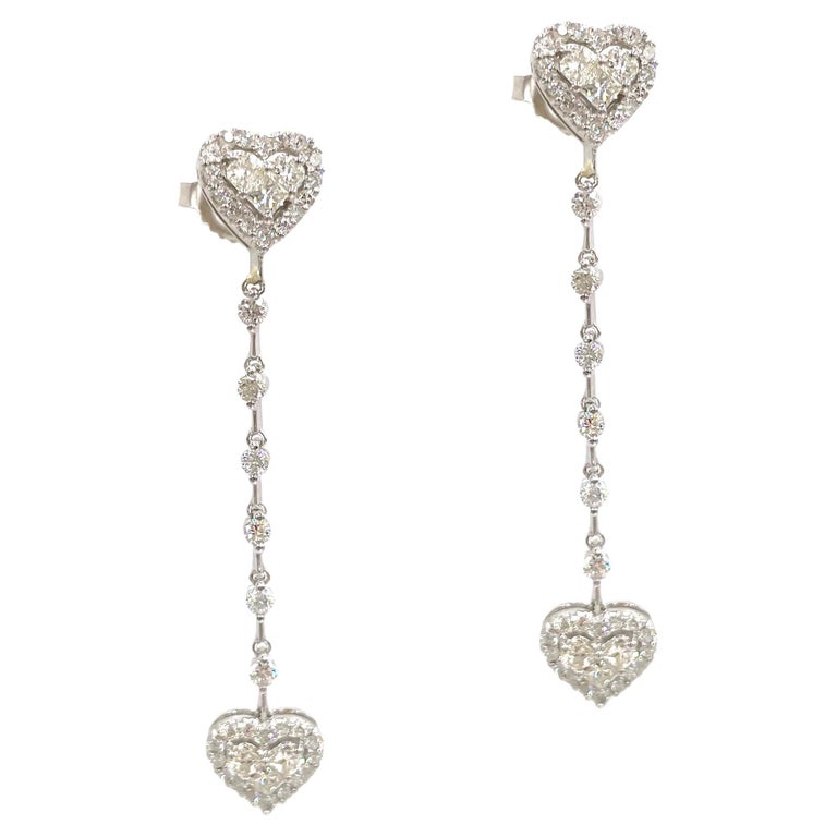 14K White Gold Heart Dangle Earrings with Diamonds For Sale at 1stDibs