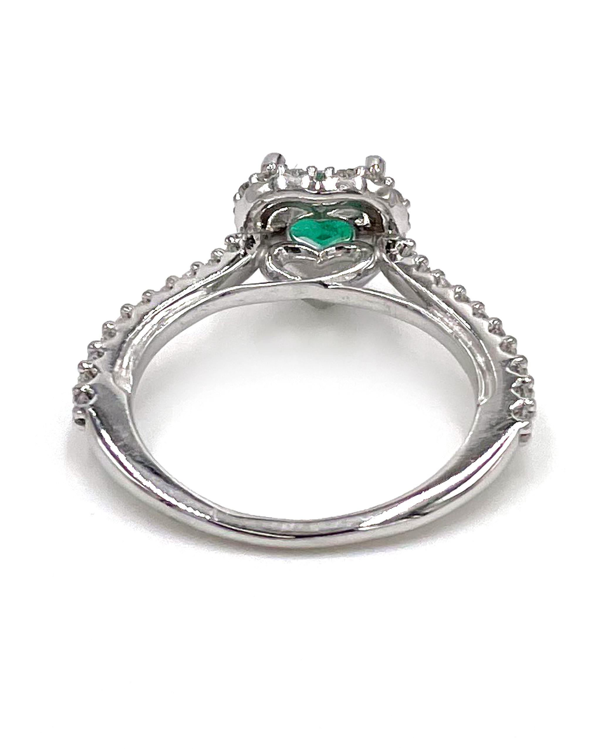 Contemporary Heart Emerald Ring with Diamond Halo in 14K White Gold For Sale