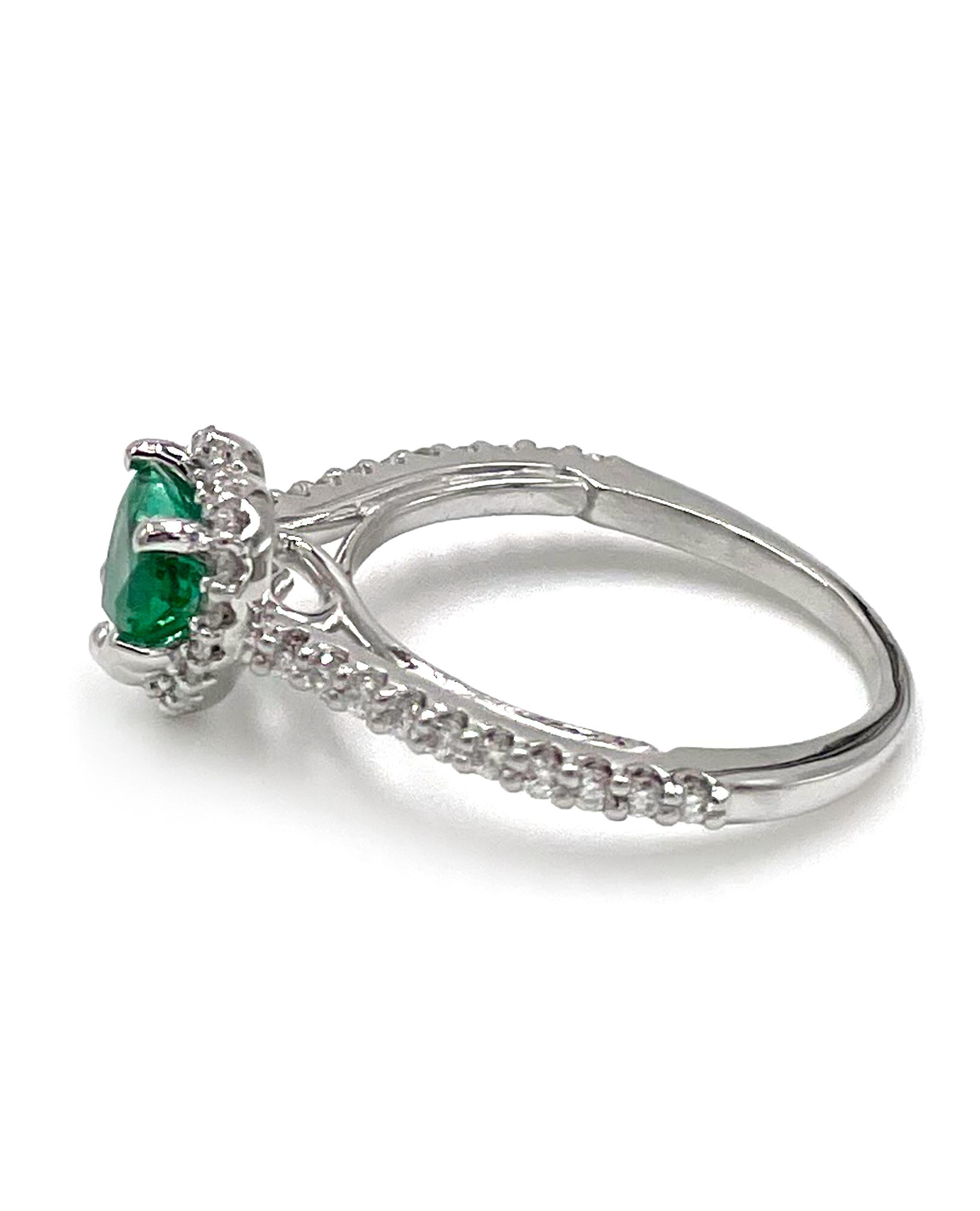Contemporary 14K White Gold Heart Halo Diamond Ring with Heart Shape Emerald For Sale