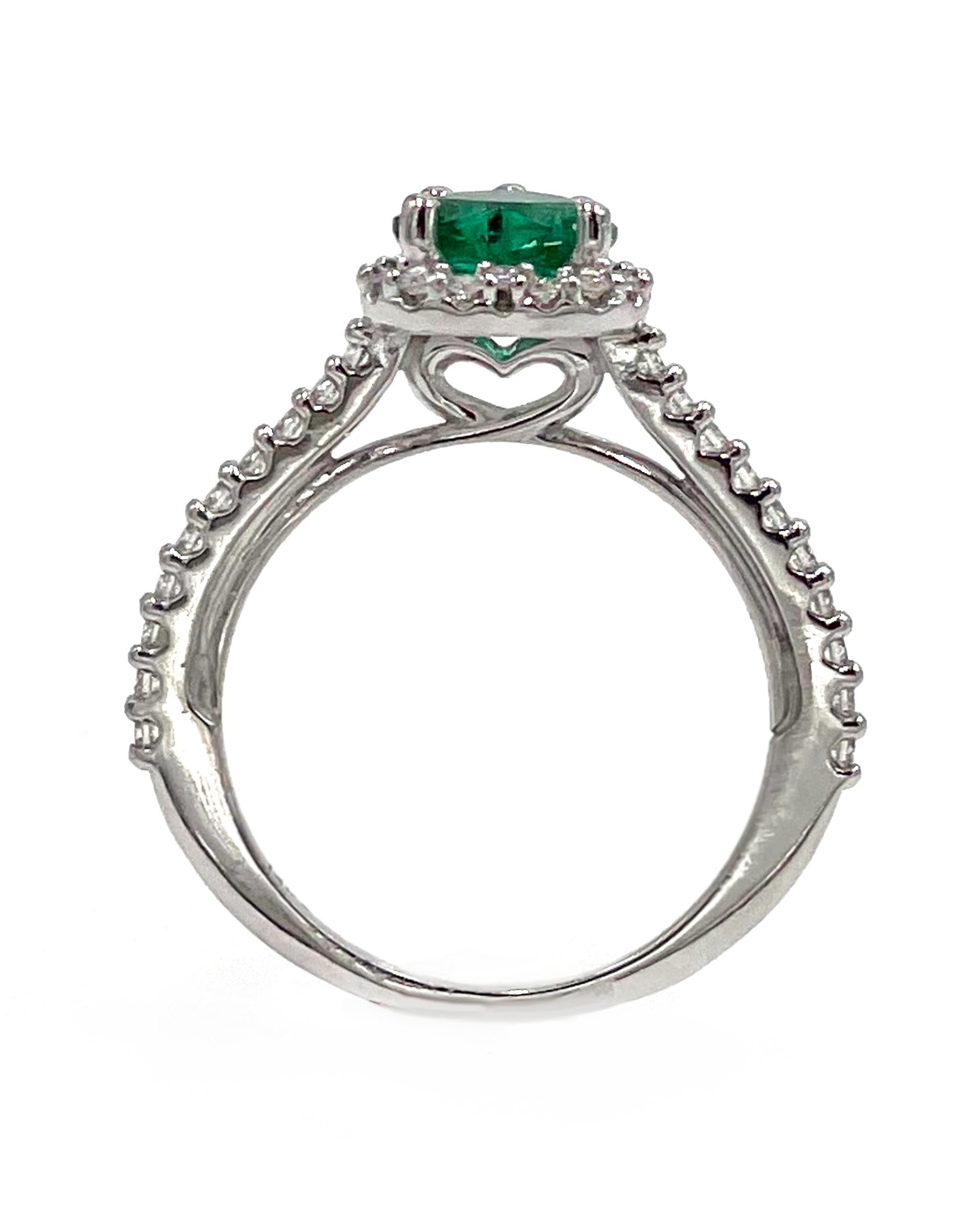 Heart Cut 14K White Gold Heart Halo Diamond Ring with Heart Shape Emerald For Sale
