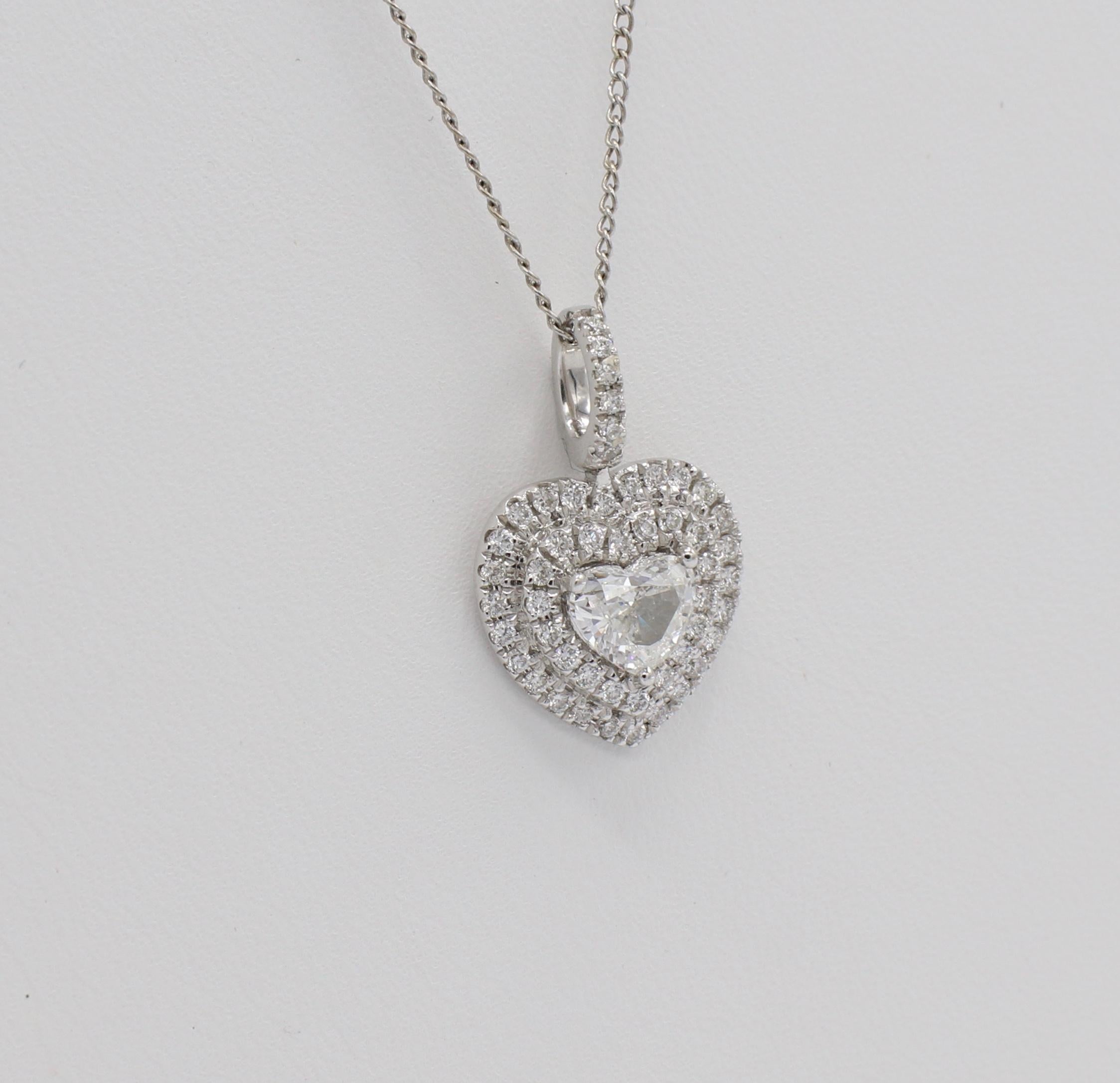 Modern 14 Karat White Gold Heart Shape Diamond Double Halo Pendant Drop Necklace