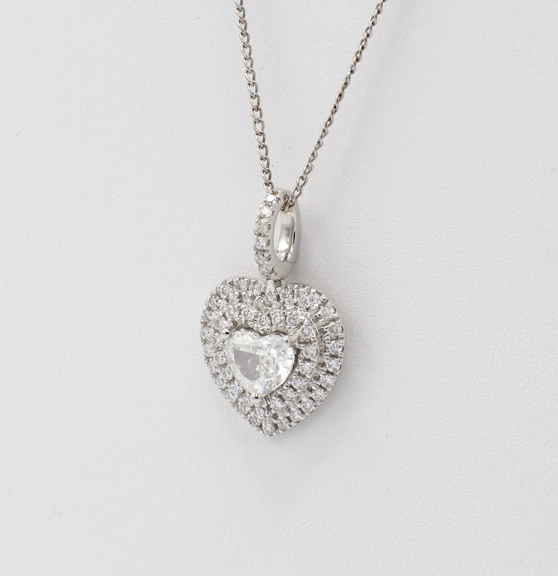Heart Cut 14 Karat White Gold Heart Shape Diamond Double Halo Pendant Drop Necklace