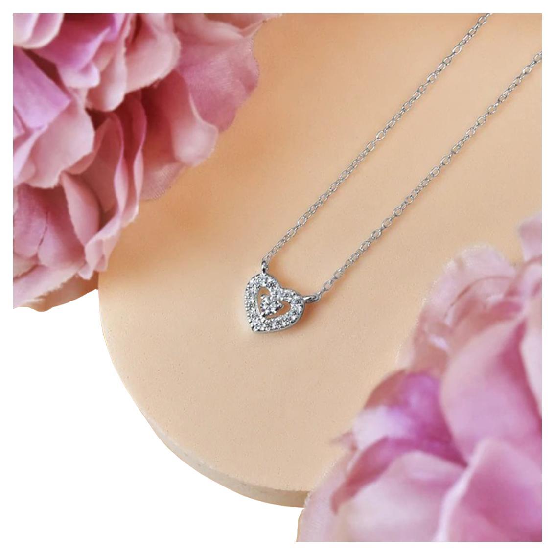 14k White Gold Heart Shaped Diamond Pendant Heart Necklace For Sale at