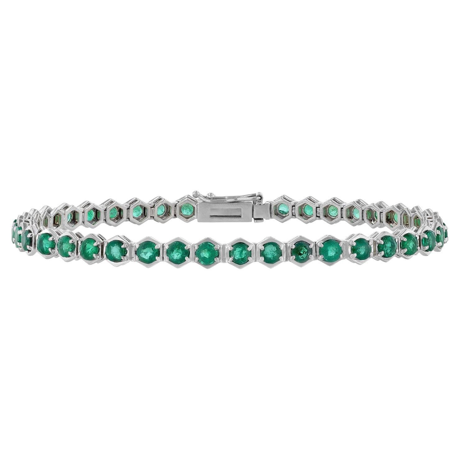 14K White Gold Hexagon Bezel Emerald Tennis Bracelet, 3.94 Carat