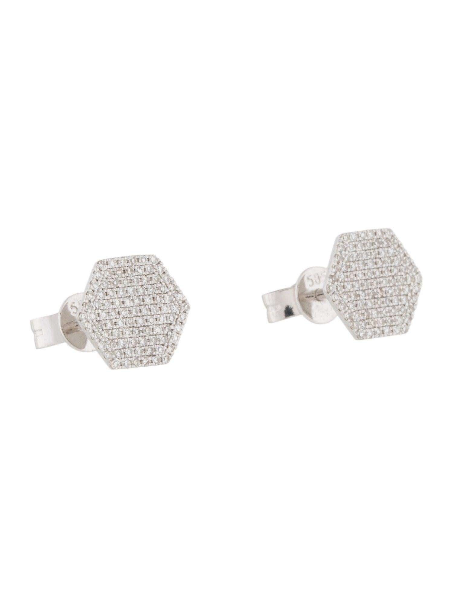 Pave Hexagon Stud Earrings: Crafted of real 14k gold, these popular Pave Hexagon Stud shape earrings feature 182 natural white sparkling diamonds approximately 0.35 ct. Certified diamonds. Diamond Color & Clarity GH-SI1 Measures approximately 1/2