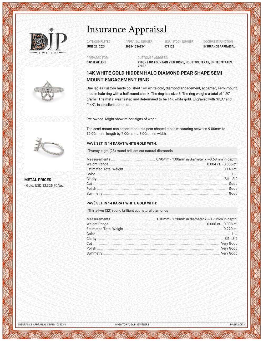 14K Weißgold Hidden Halo Diamant Birnenform Semi Mount Verlobungsring 1