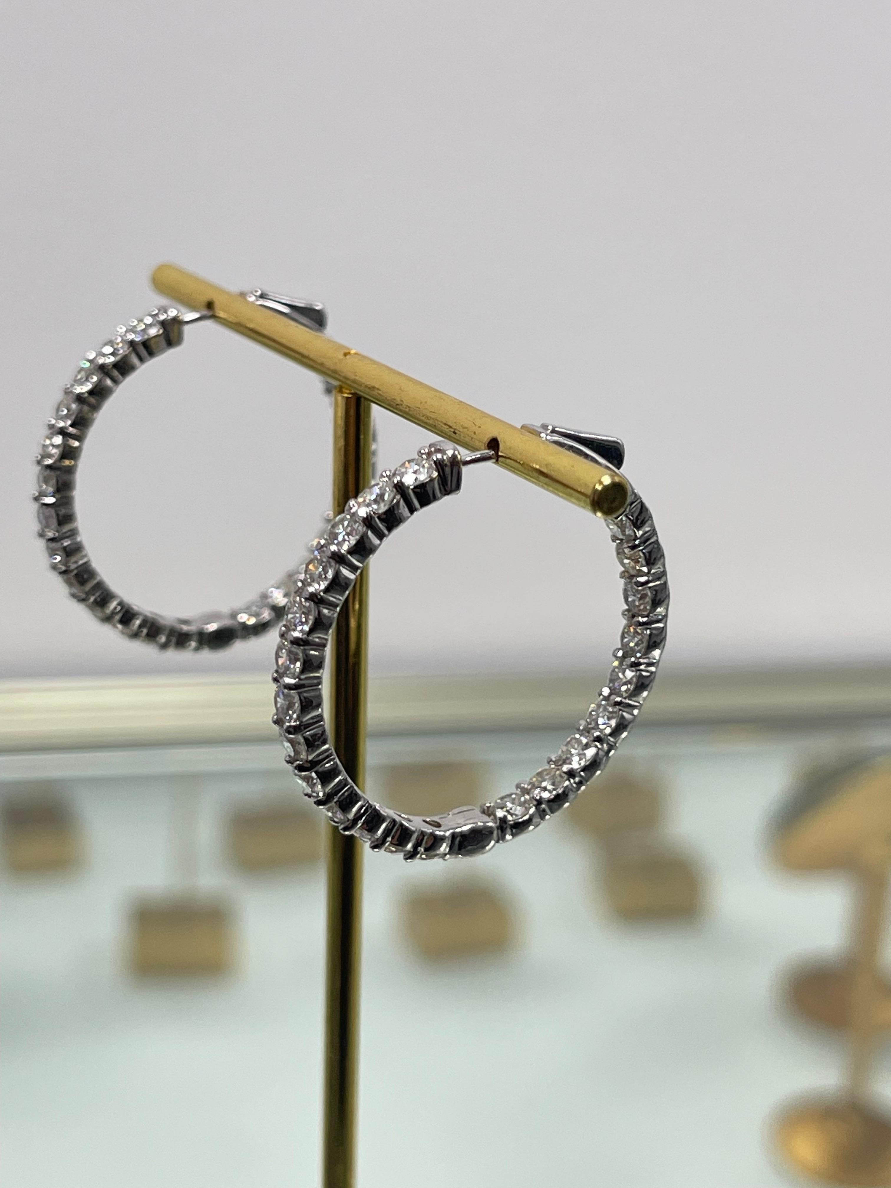 14k White Gold Hoop Earrings Natural Diamonds, 2 Carat  In New Condition For Sale In Los Angeles, CA