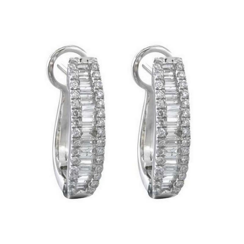 Round Cut 14K White Gold Hoops and Huggies Earrings with 0.8 Carat Diamonds For Sale