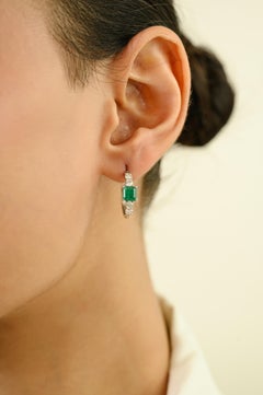 14K White Gold Huggie Hoop Earrings with 1.49 Carat Natural Emerald & Diamond