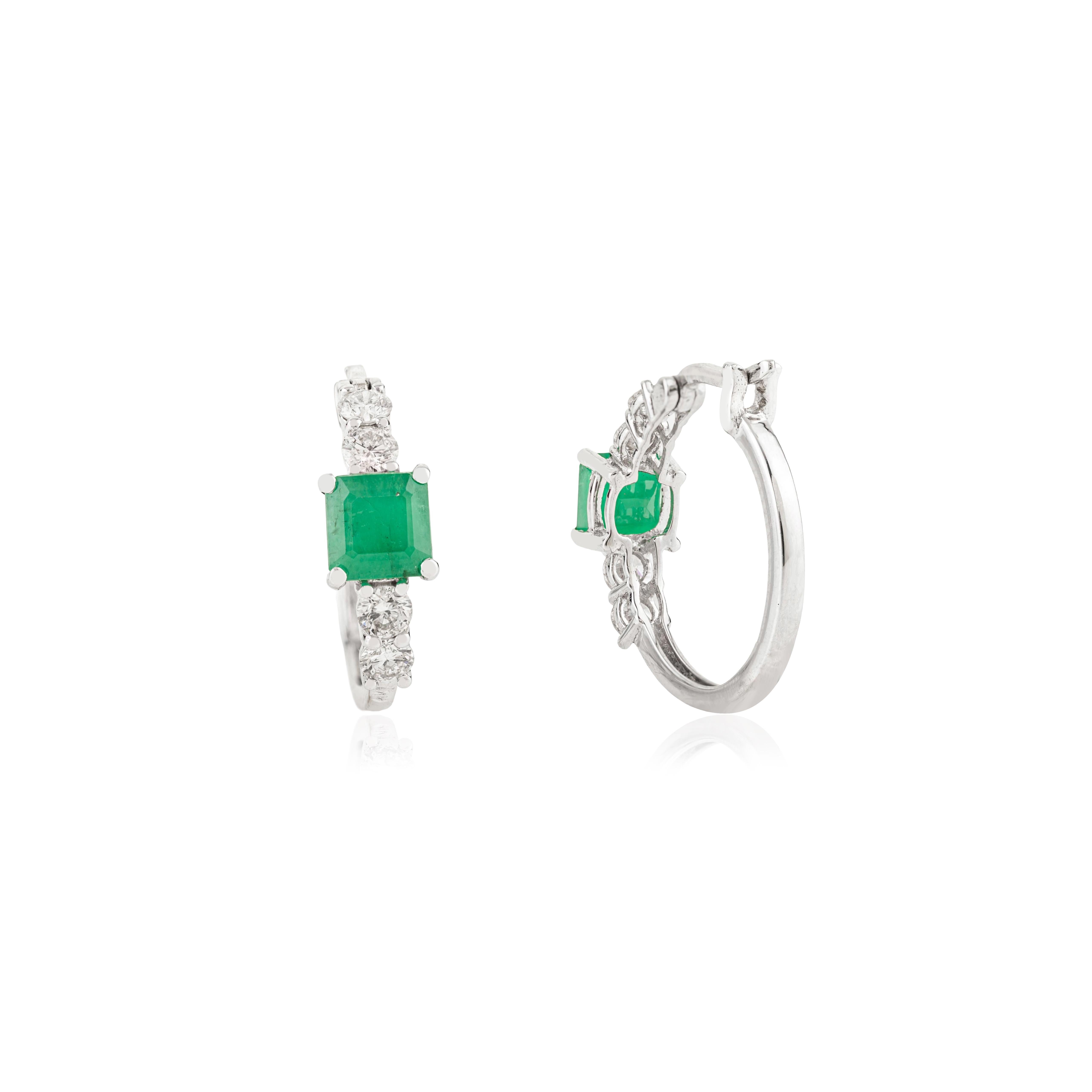 14K White Gold Huggie Hoop Earrings with 1.49 Carat Natural Emerald 
Diamond