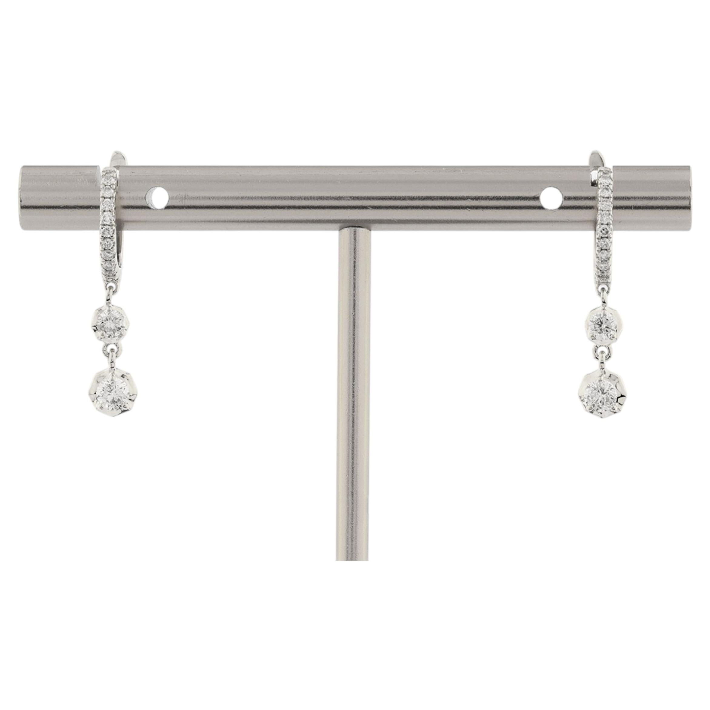 14K White Gold Huggie Hoop Earrings with Bezel-Set Diamond Drops