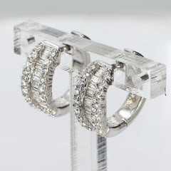 14k White Gold "Huggies" Earrings with Baguettes & Round Diamonds