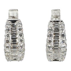 14k White Gold "Huggies" Earrings with Baguettes & Round Diamonds