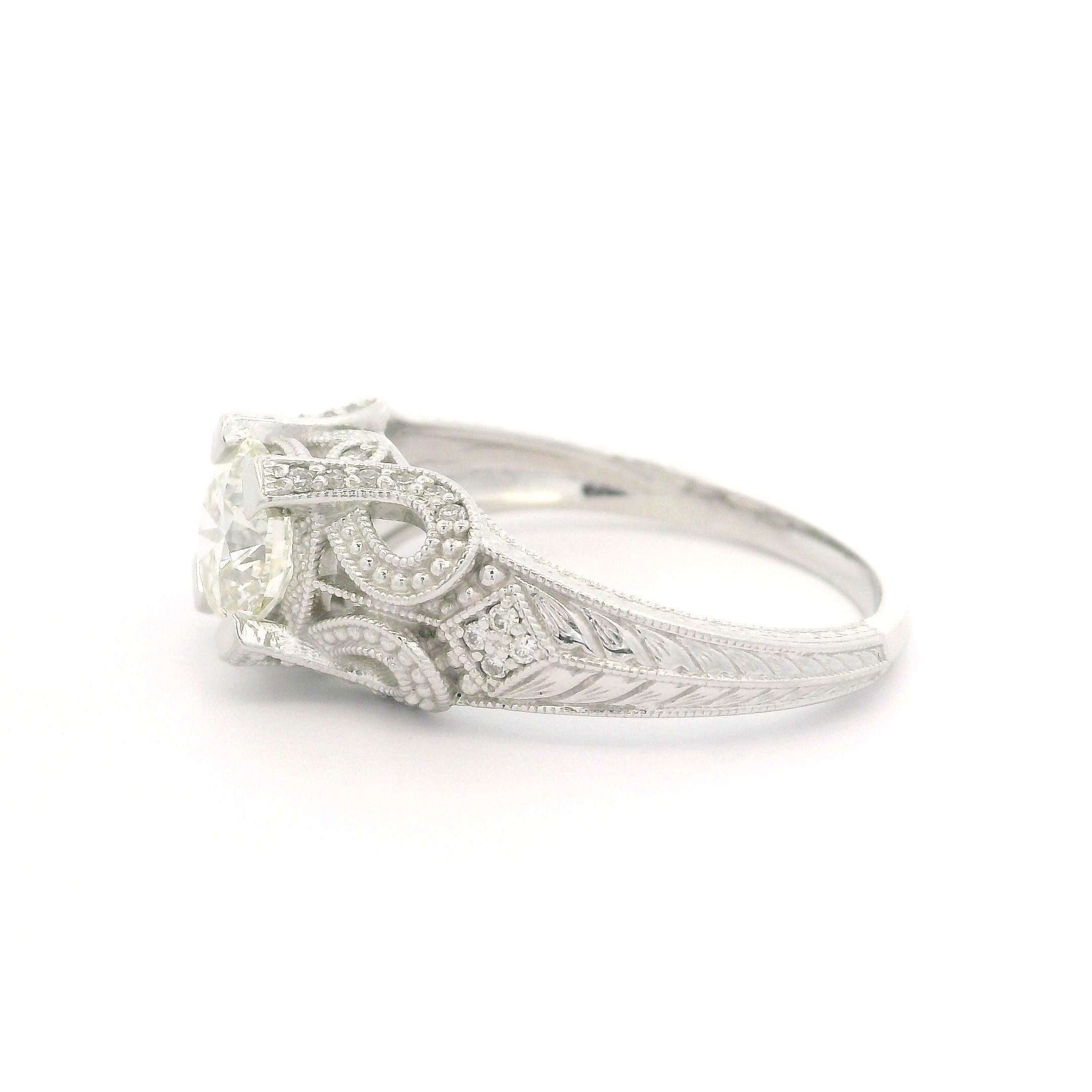 Anillo Estilo Vintage Oro Blanco 14k IGI 1.46ctw Diamante Milgrain Trabajo Grabado en venta 6