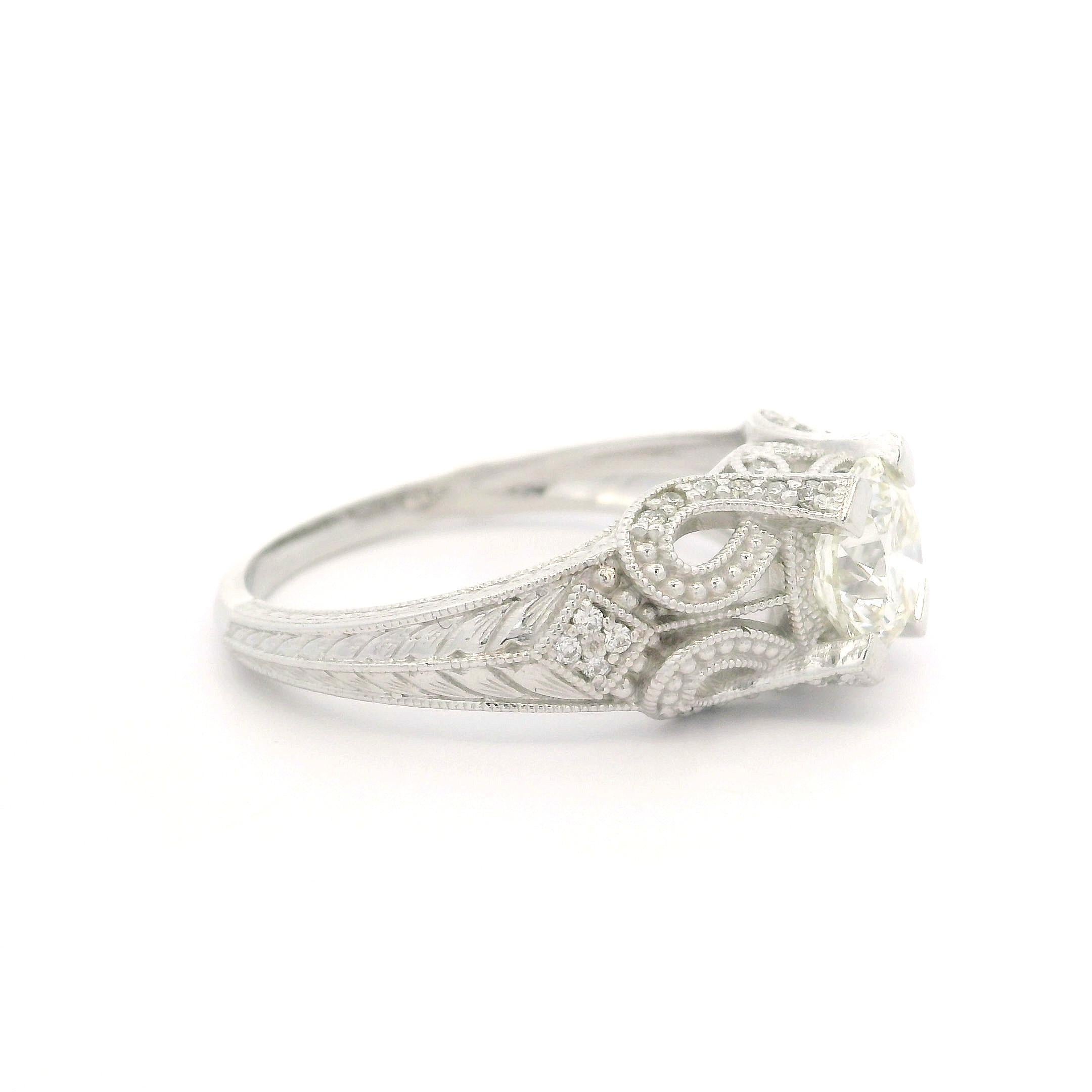 Anillo Estilo Vintage Oro Blanco 14k IGI 1.46ctw Diamante Milgrain Trabajo Grabado en venta 7