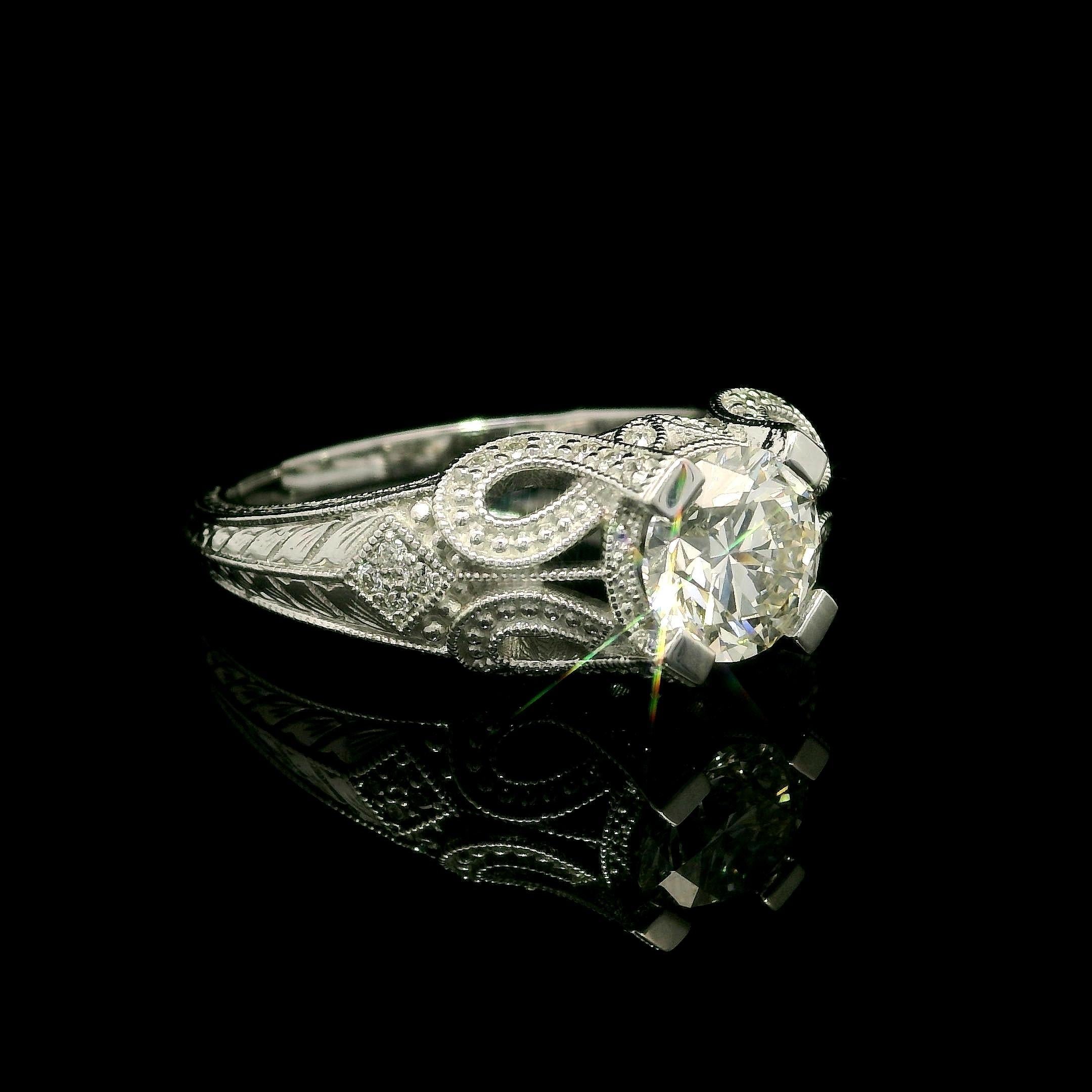 De las mujeres Anillo Estilo Vintage Oro Blanco 14k IGI 1.46ctw Diamante Milgrain Trabajo Grabado en venta