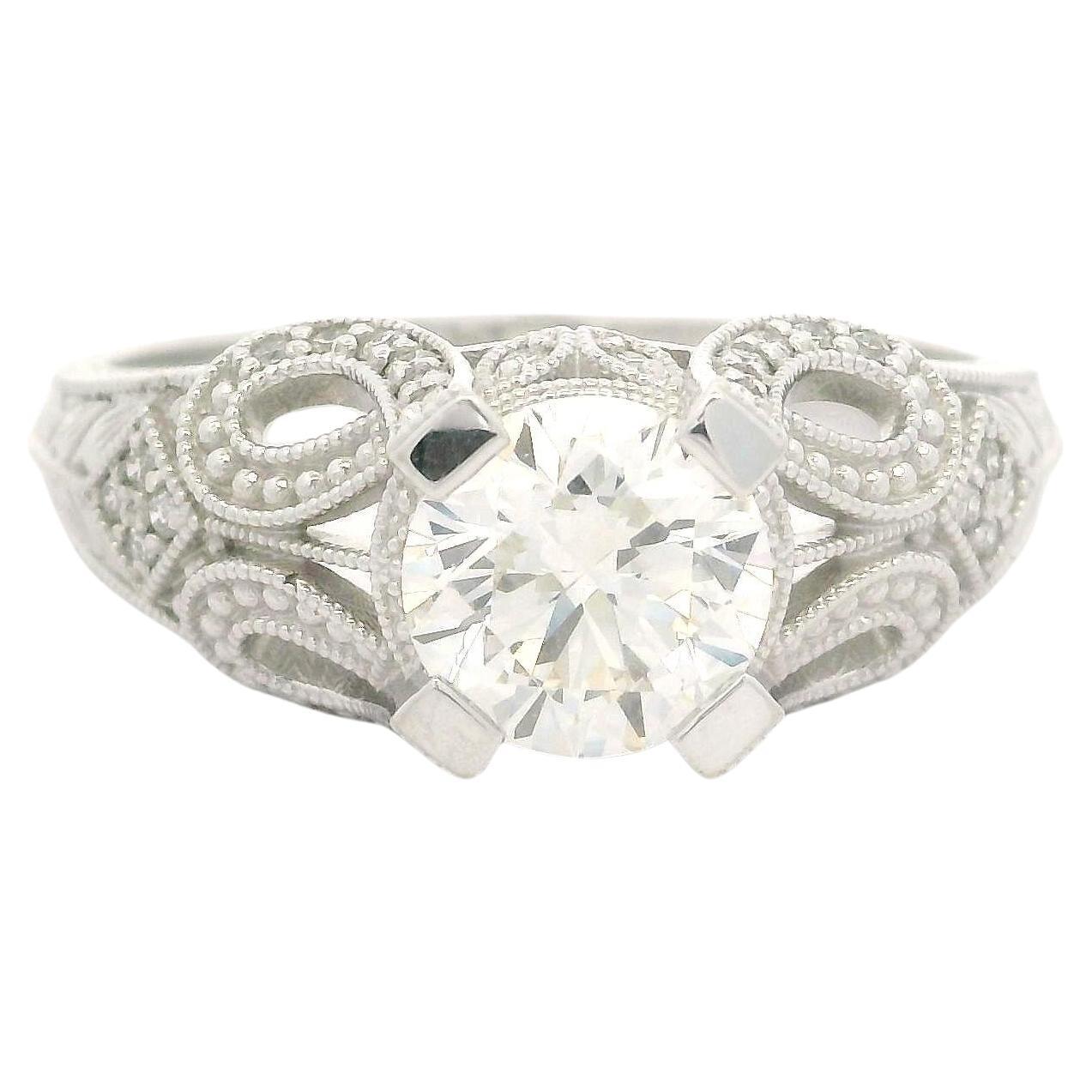 Anillo Estilo Vintage Oro Blanco 14k IGI 1.46ctw Diamante Milgrain Trabajo Grabado en venta