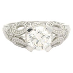14k White Gold IGI 1.46ctw Diamond Milgrain Engraved Work Vintage Style Ring