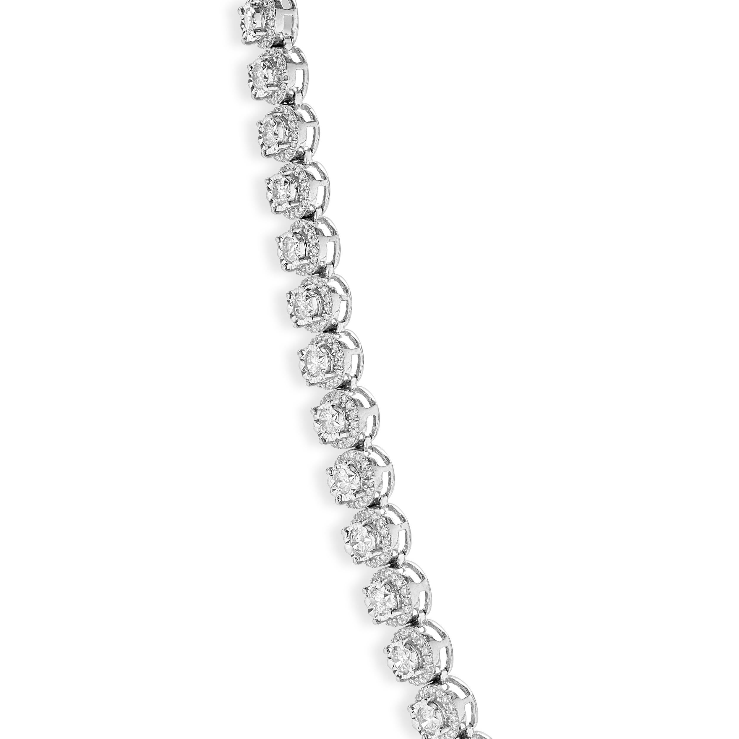Round Cut 14k White Gold Illusion Diamond Graduated Tennis Necklace For Sale