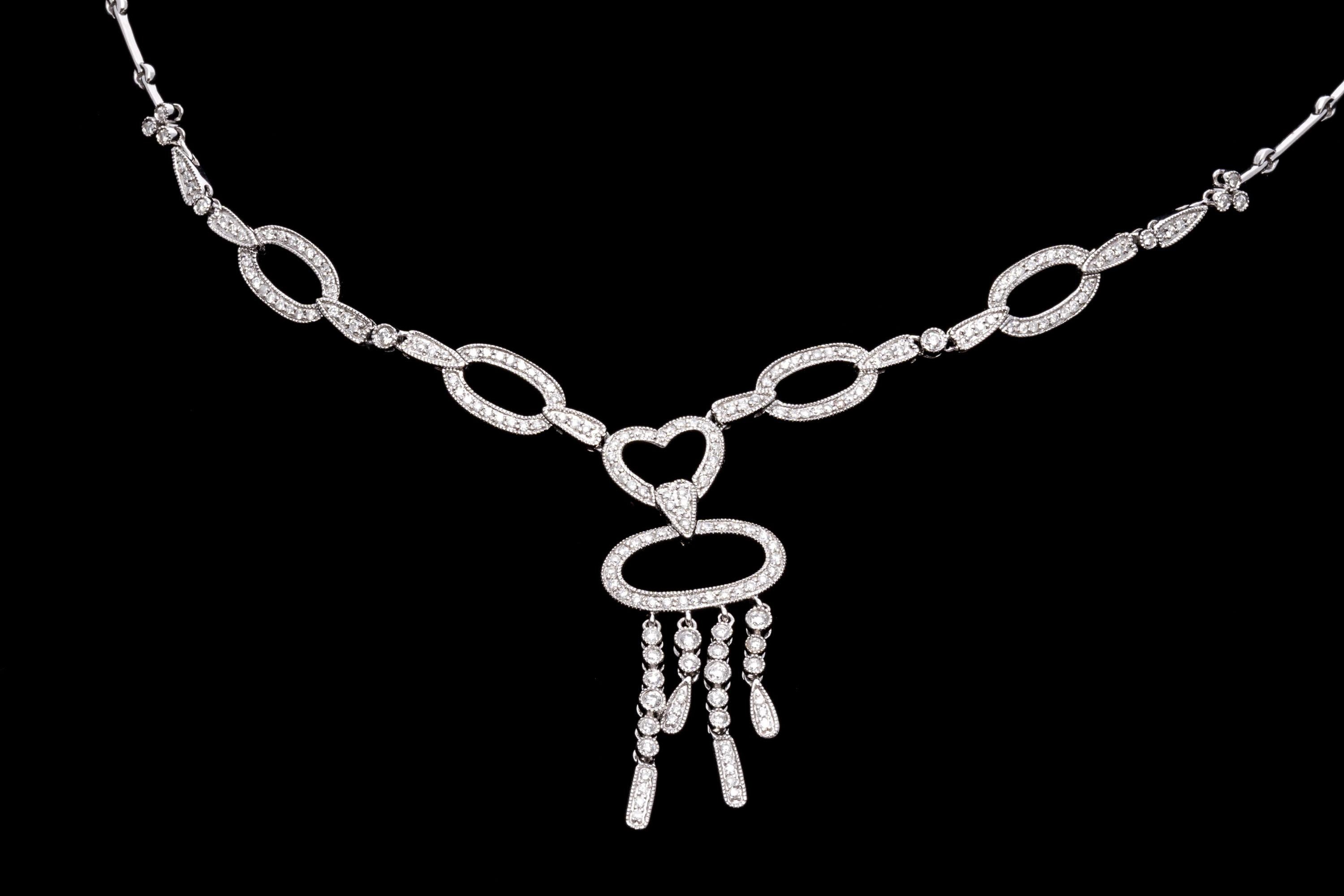 14k White Gold Impressive Diamond Set Open Link Necklace With Drop, 1.59 TCW For Sale 1