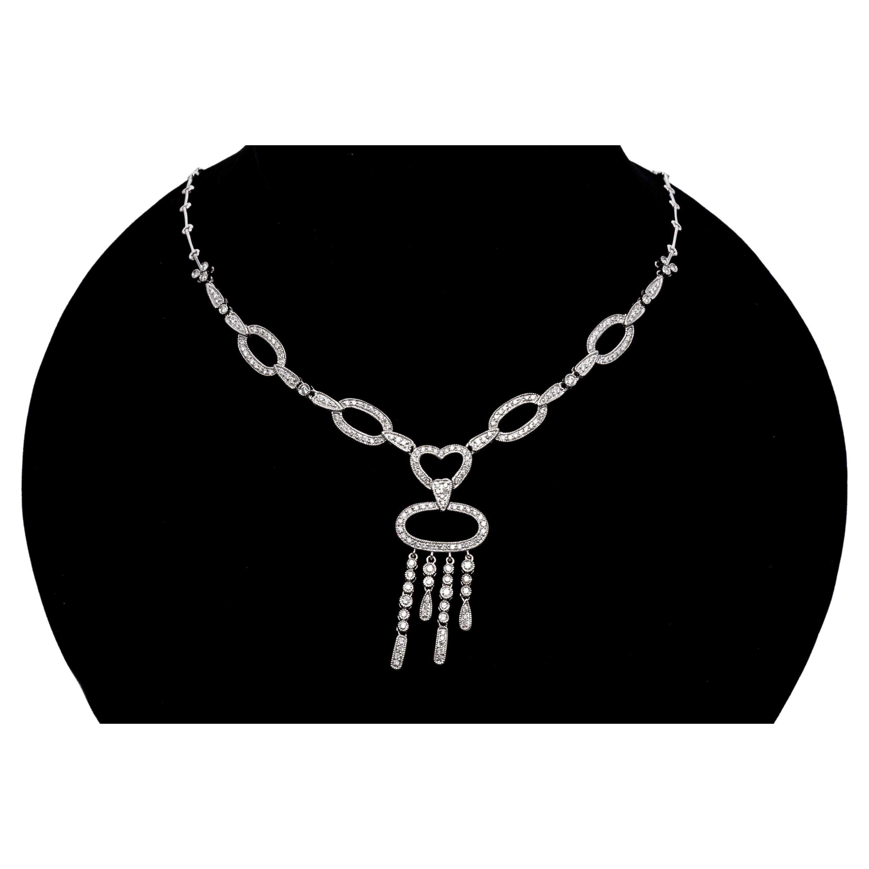 14k White Gold Impressive Diamond Set Open Link Necklace With Drop, 1.59 TCW