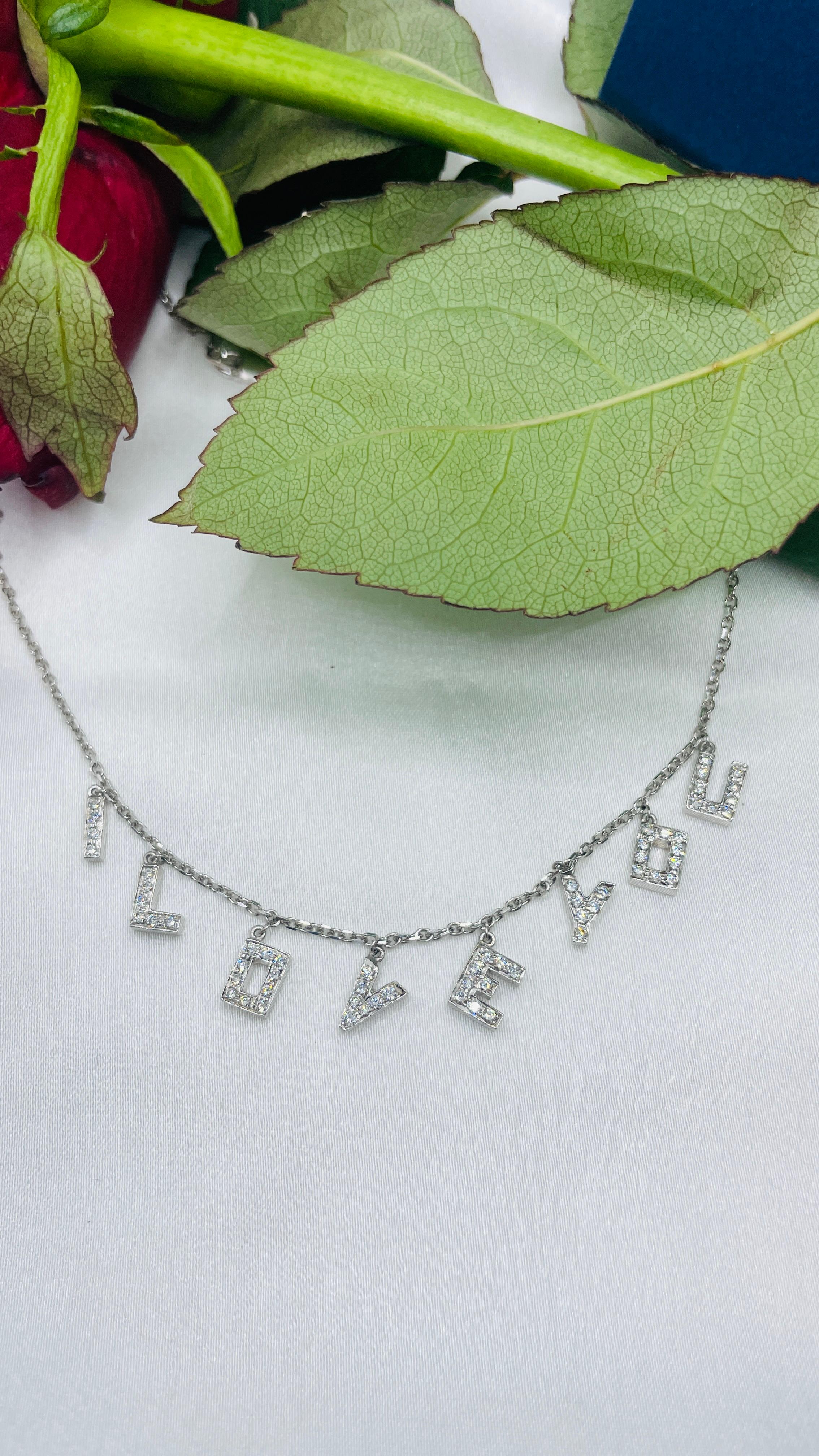 I Love You Diamond Necklace in 14K Gold studded with round cut diamond. This stunning piece of jewelry instantly elevates a casual look or dressy outfit. 
April birthstone diamond brings love, fame, success and prosperity.
Designed with round cut
