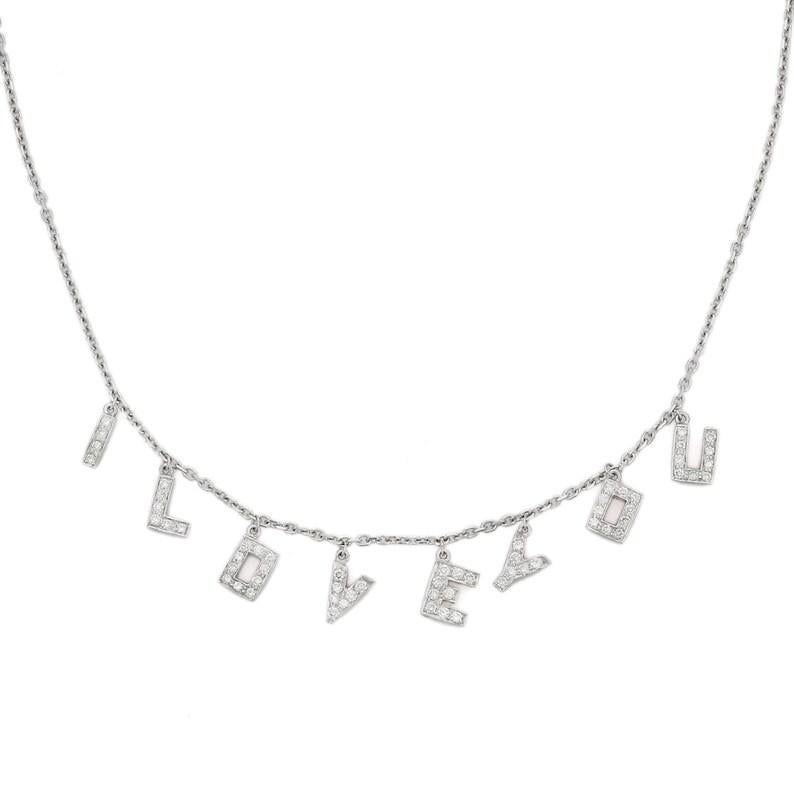 14kt Solid White Gold I Love You Diamond Necklace Gift for Valentine In New Condition For Sale In Houston, TX