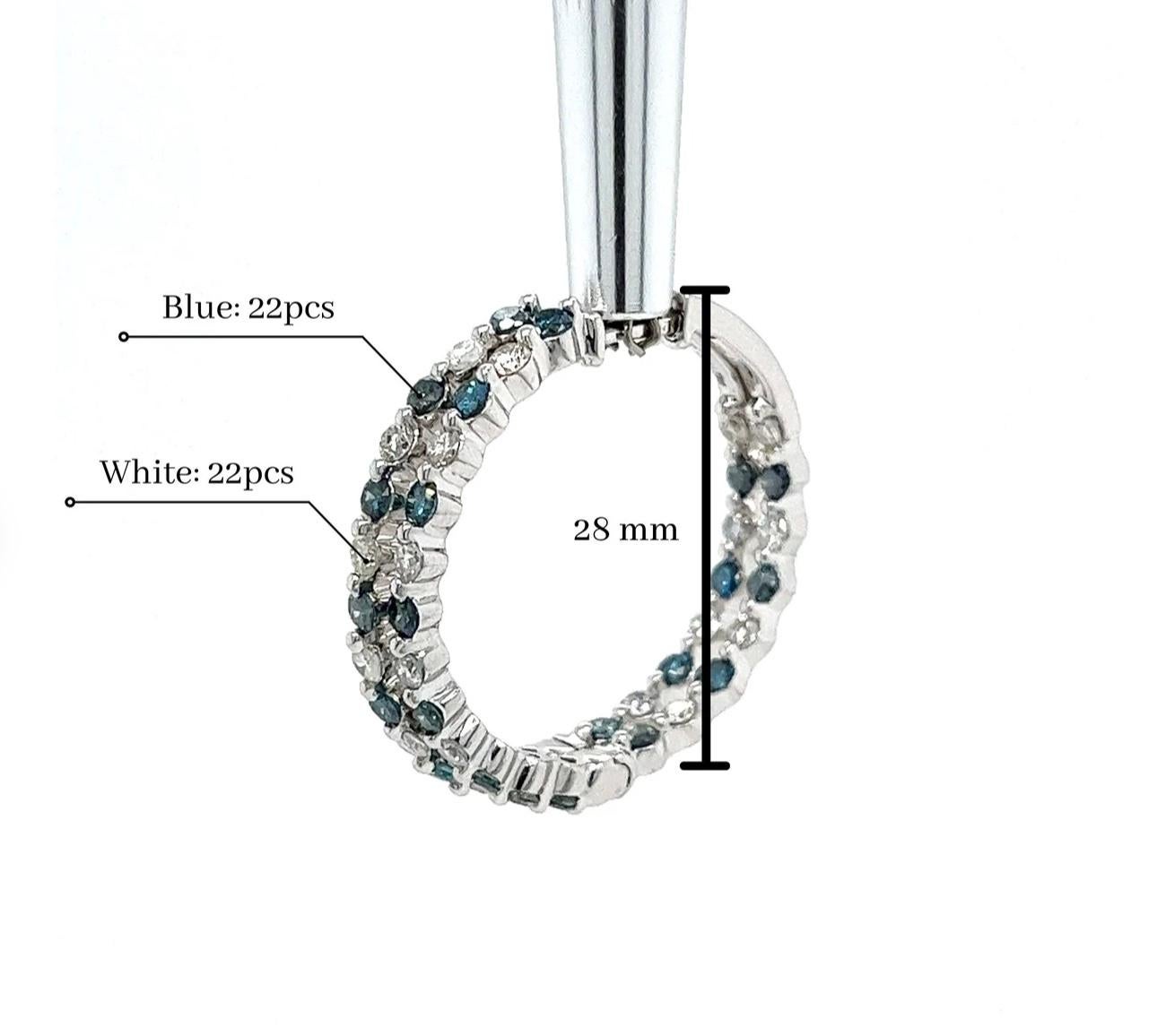 Round Cut 14k White Gold Inside Out Hoop Earrings with White & Blue Diamonds For Sale