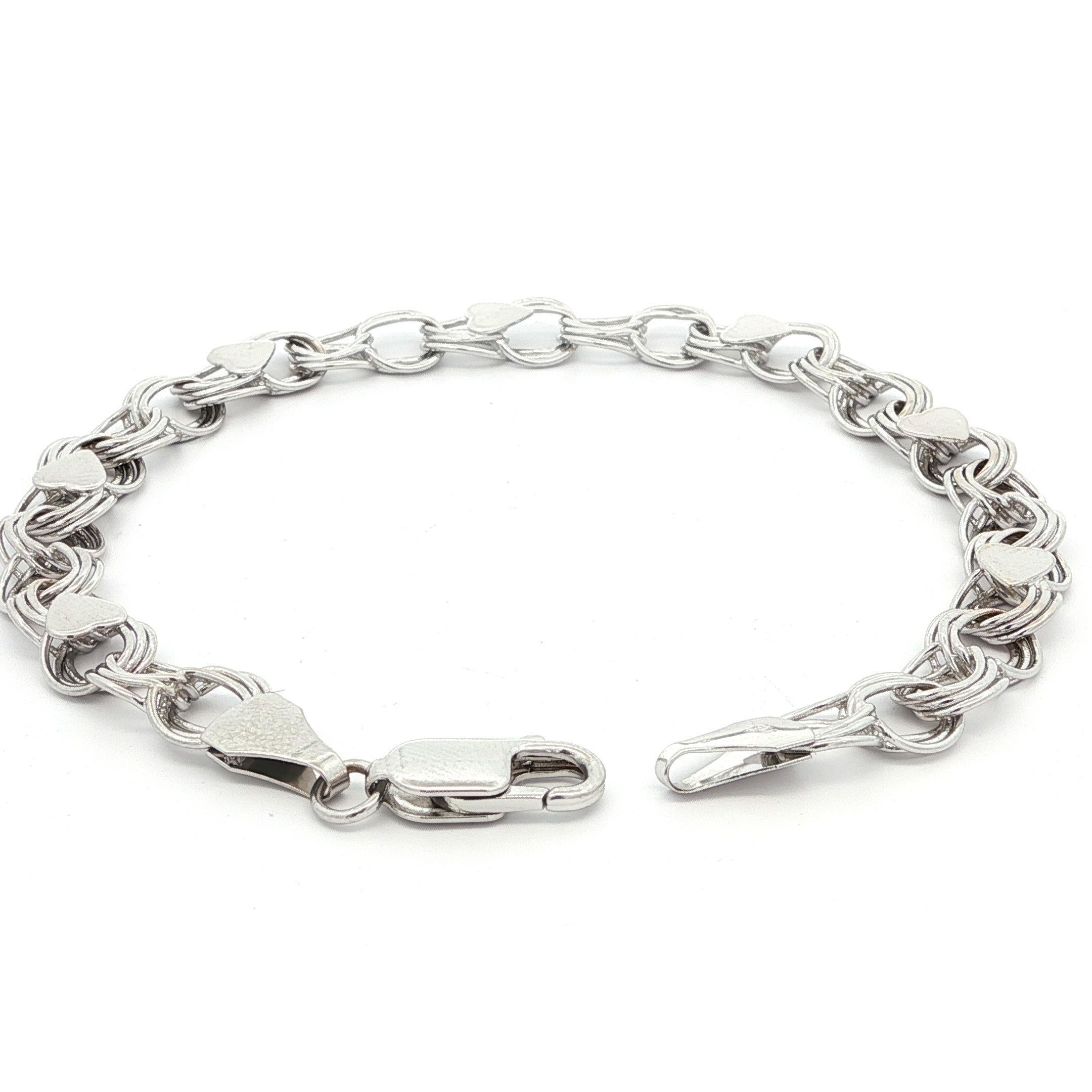 De las mujeres Pulsera de oro blanco de 14 quilates con eslabones circulares entrelazados y colgante estilo corazón en venta