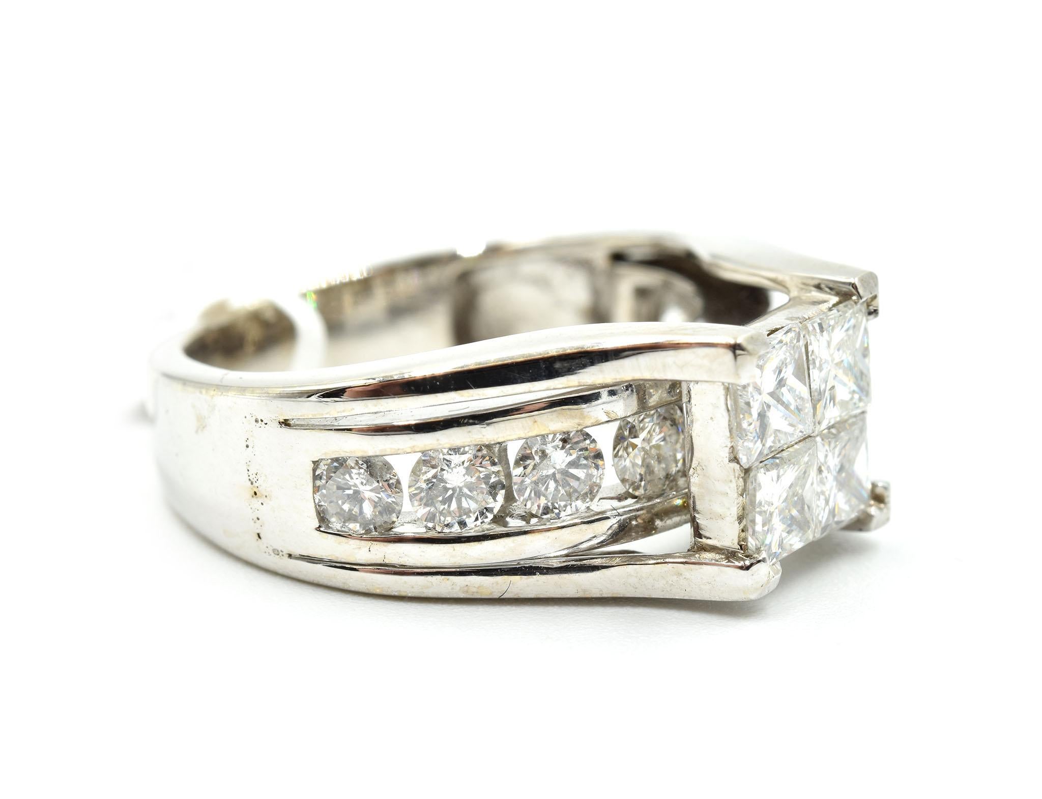 Designer: custom design
Material: 14k white gold
Diamonds: 13 princess cuts = 2.00cttw
Ring size: 6
Weight: 8 grams 
