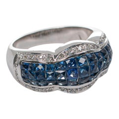14k White Gold Invisible Set Square Blue Sapphire Diamond Ring