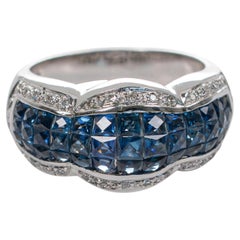 14k White Gold Invisible Set Square Blue Sapphire Diamond Ring