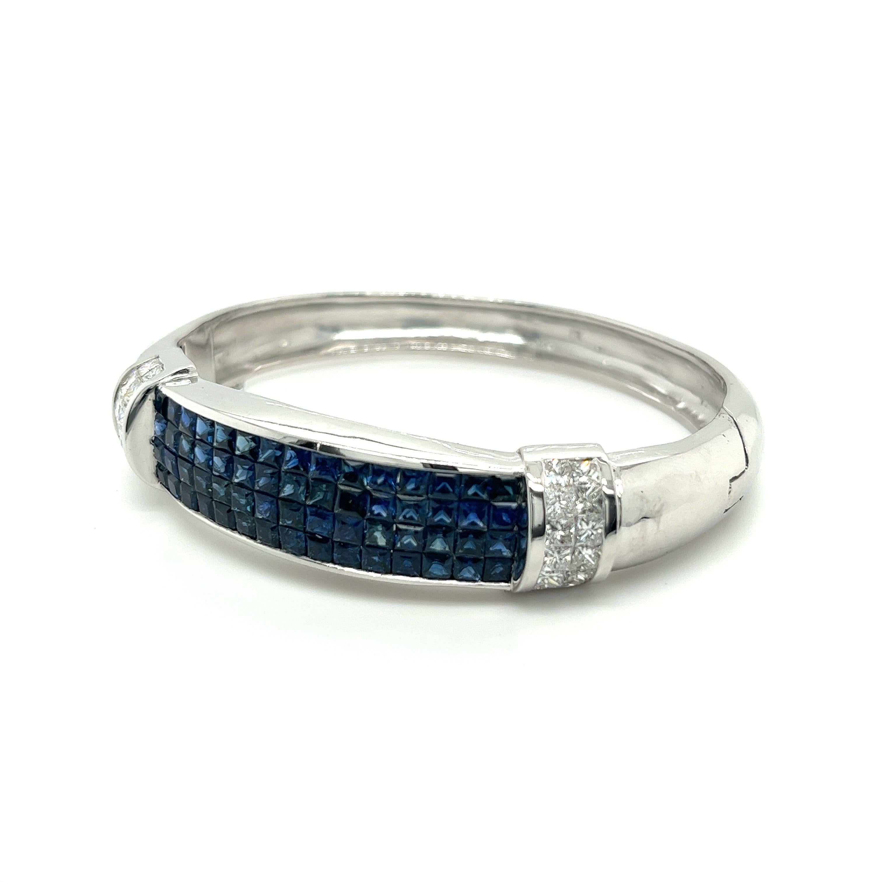 Modern 14k White Gold Invisible Set Square Cut Blue Sapphire & Diamond Cluster Bangle For Sale