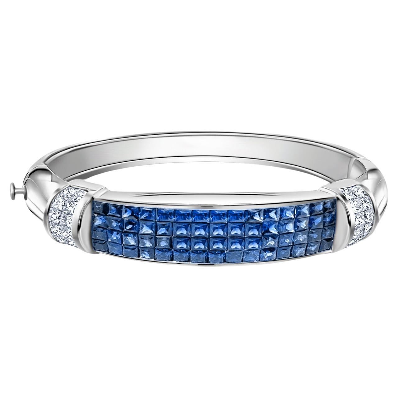 14k White Gold Invisible Set Square Cut Blue Sapphire & Diamond Cluster Bangle