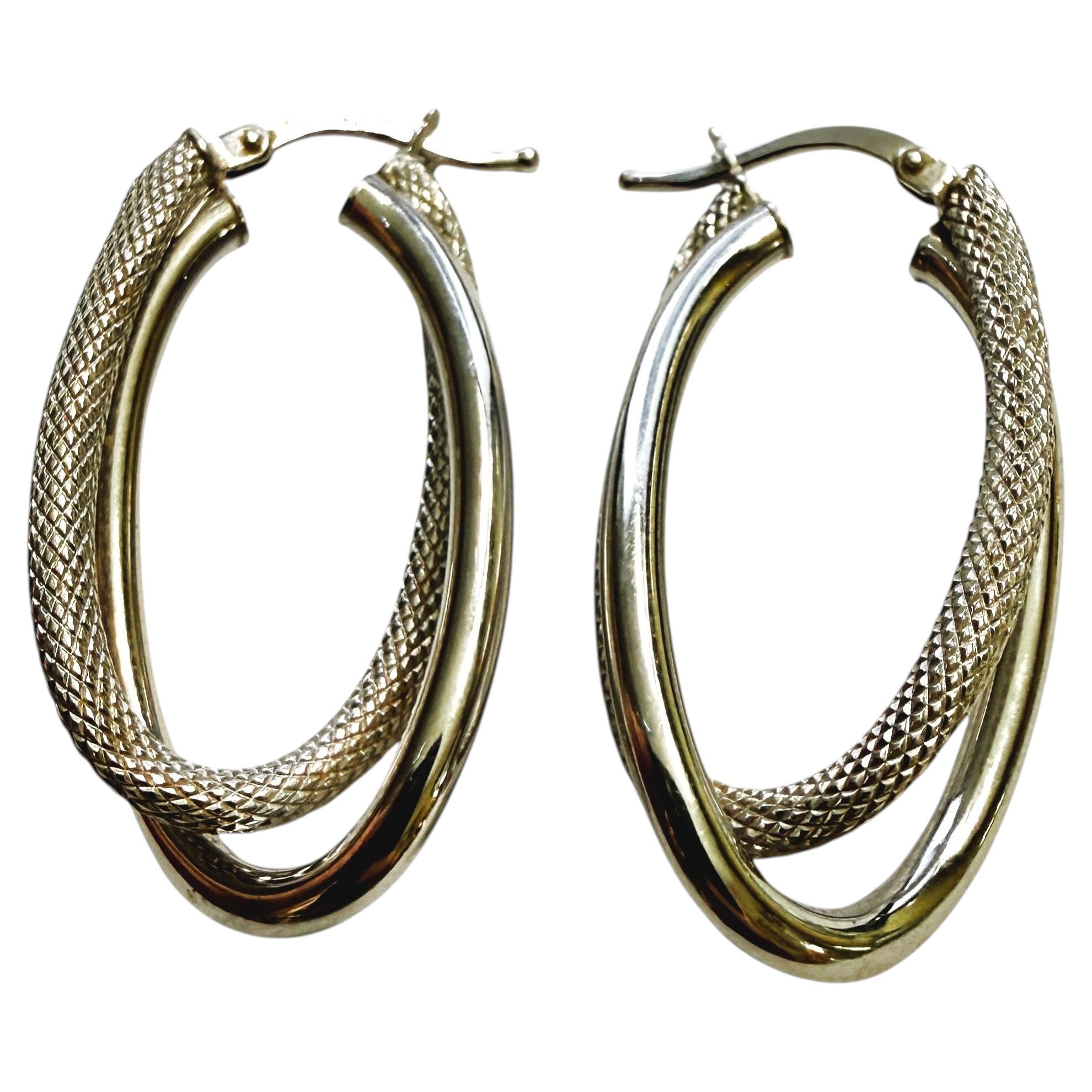14k White Gold Italian Oval Hoop Cross Over Earrings