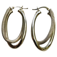 14k White Gold Italian Oval Hoop Cross Over Earrings