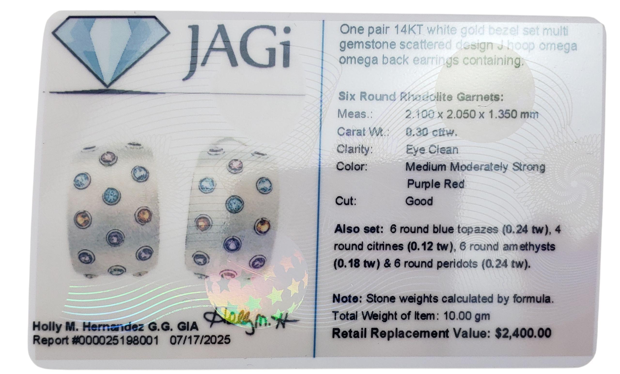14K White Gold J Hoop Gemstone Earrings JAGi Certified #22685 For Sale 4