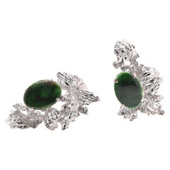 14 Karat White Gold Vintage Jade and Diamond Cluster Earrings