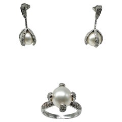 14K White Gold Jewelry Set with Natural Pearls and Diamonds