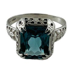 Vintage 14K White Gold Lab Created Blue Spinel Filigree Ring Size 7.25 #15620