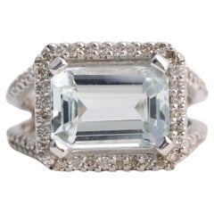 14k White Gold Ladies Aquamarine & Diamond Ring, Size 6.5 - 9.3g