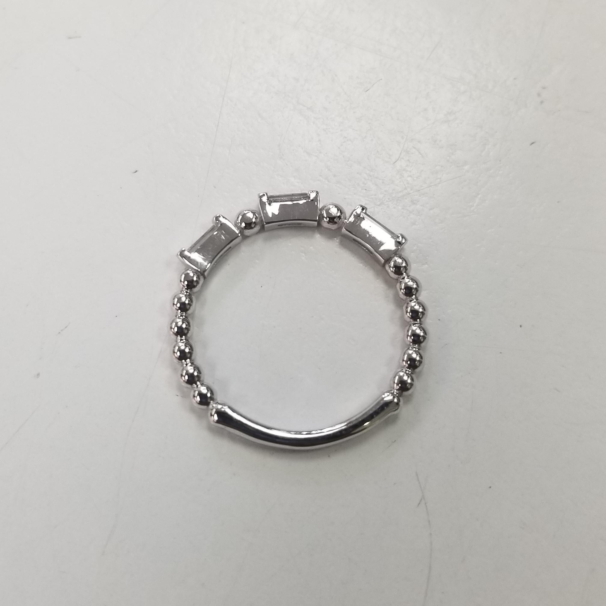Contemporary 14k White Gold Ladies Baguette Ring with Balls For Sale