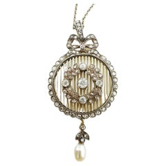 14k White Gold Ladies Natural Old Mine/Old European Diamond and Pearl Pendant