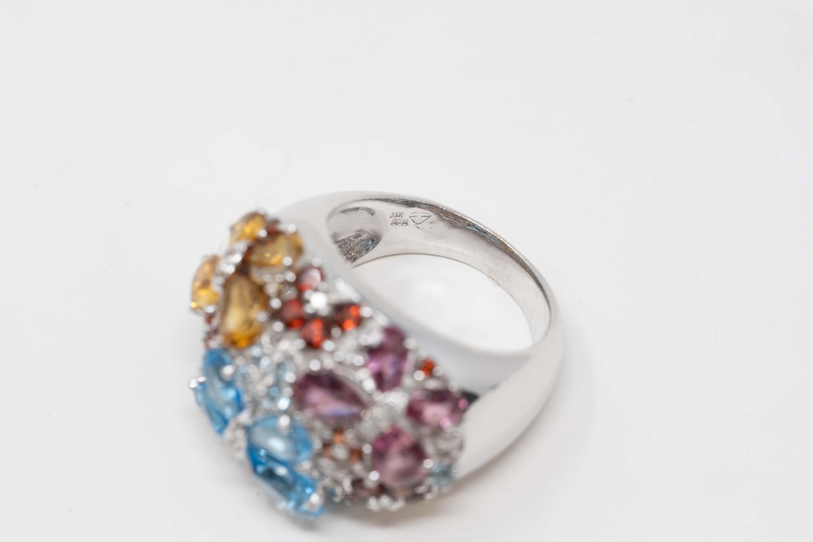Brilliant Cut 14k White Gold Ladies Ring Diamond & Gemstones For Sale