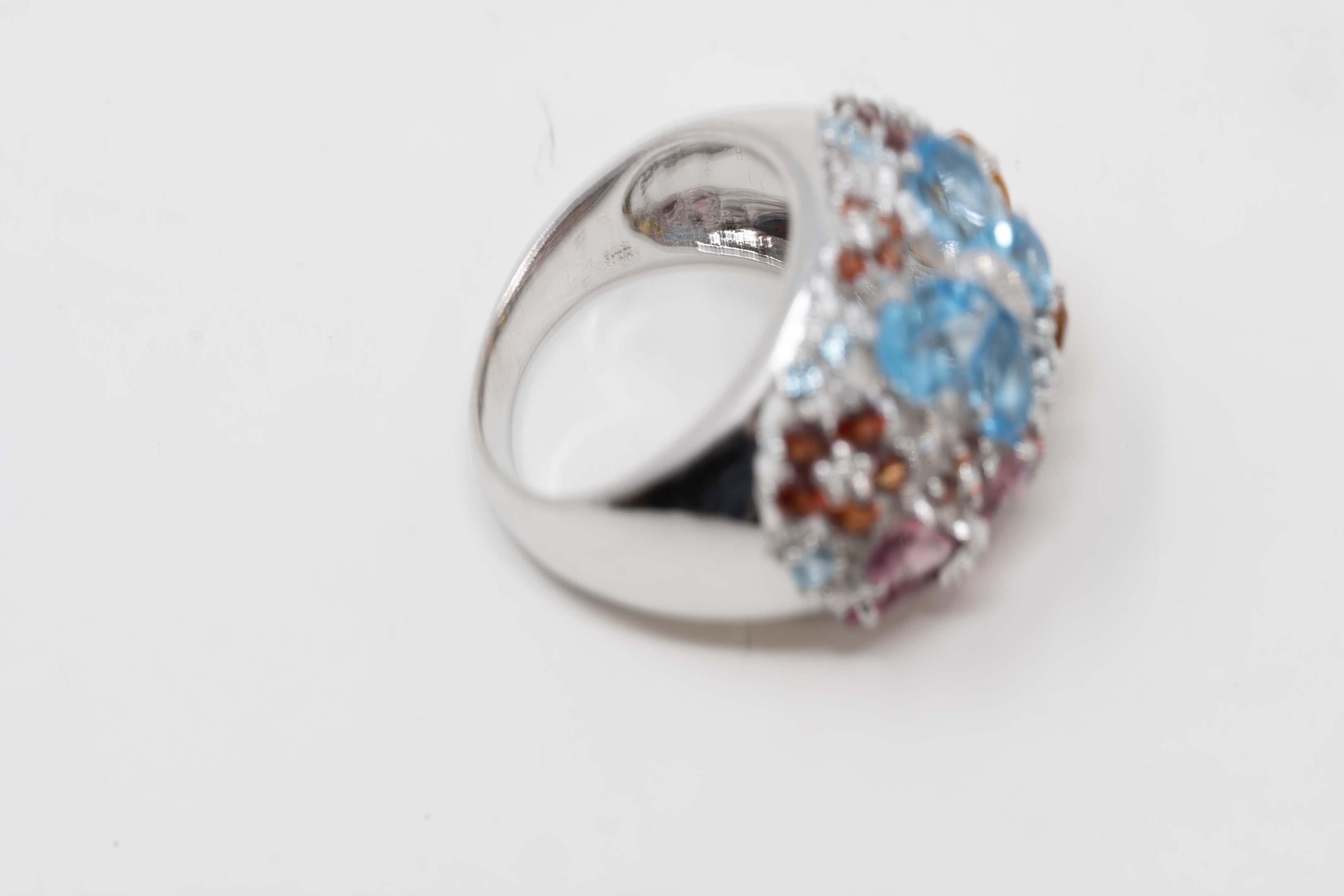 14k White Gold Ladies Ring Diamond & Gemstones In Good Condition For Sale In Montreal, QC
