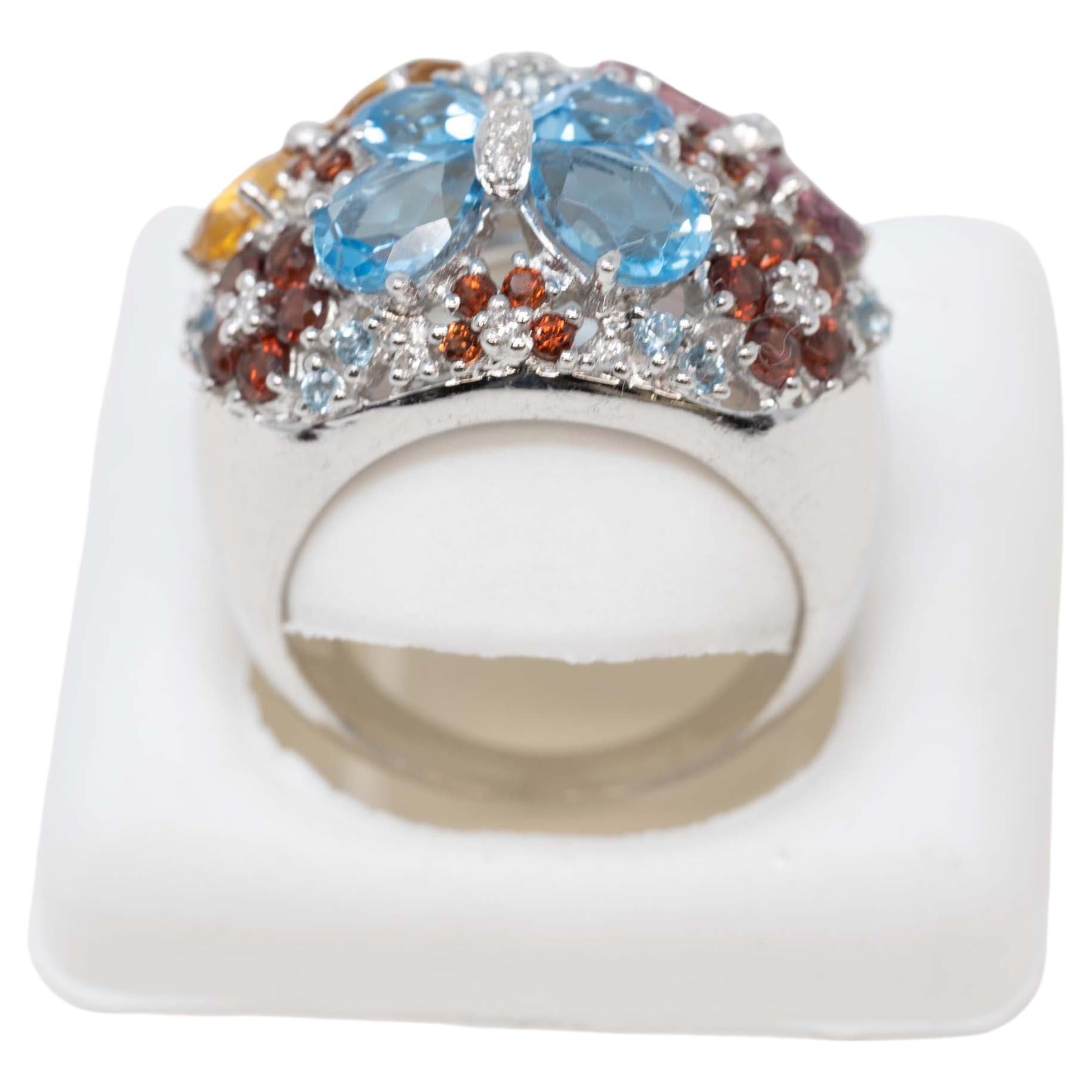 14k White Gold Ladies Ring Diamond & Gemstones For Sale