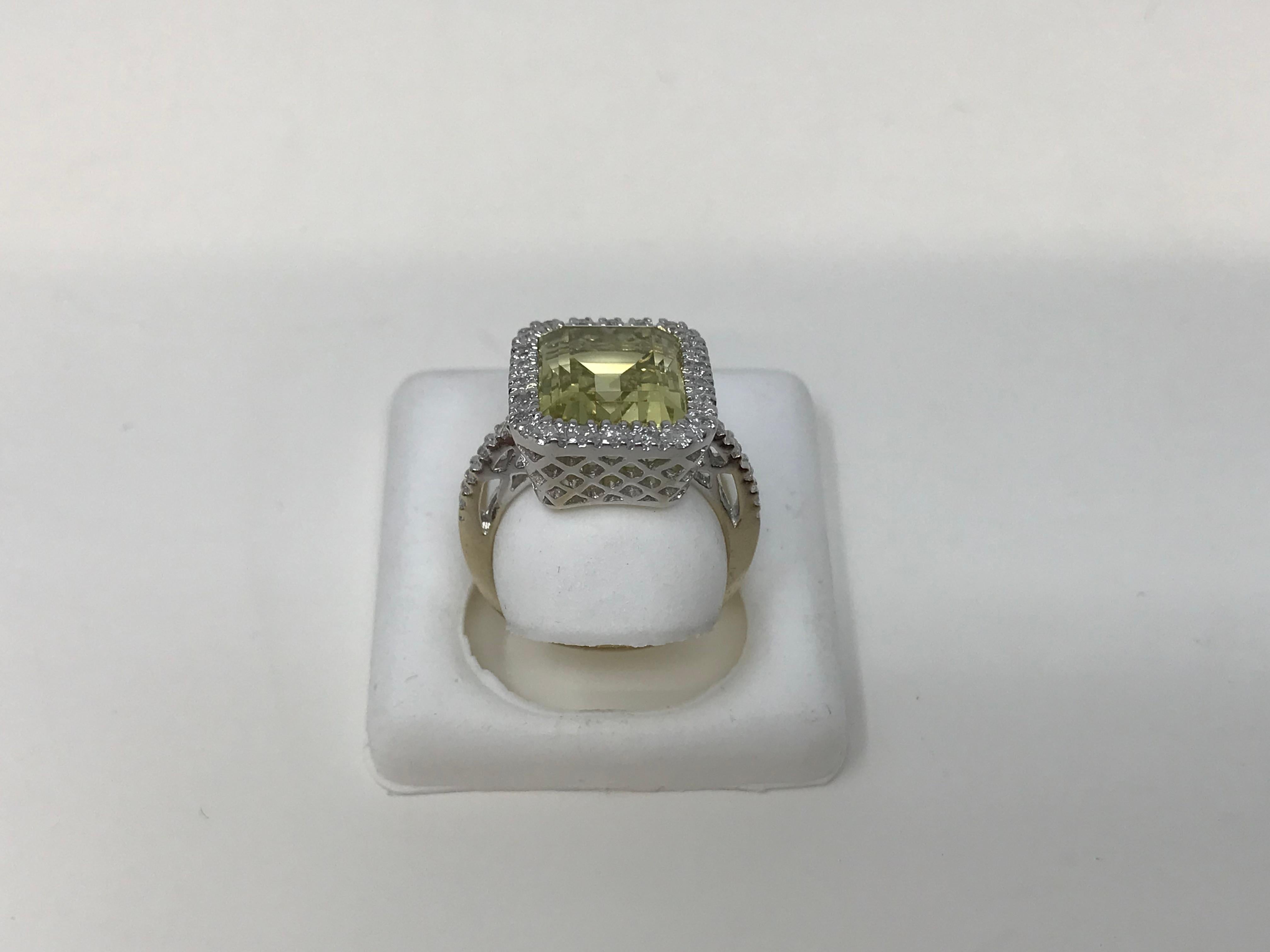 Emerald Cut 14k White Gold Ladies Ring w/ Quartz and Diamonds For Sale