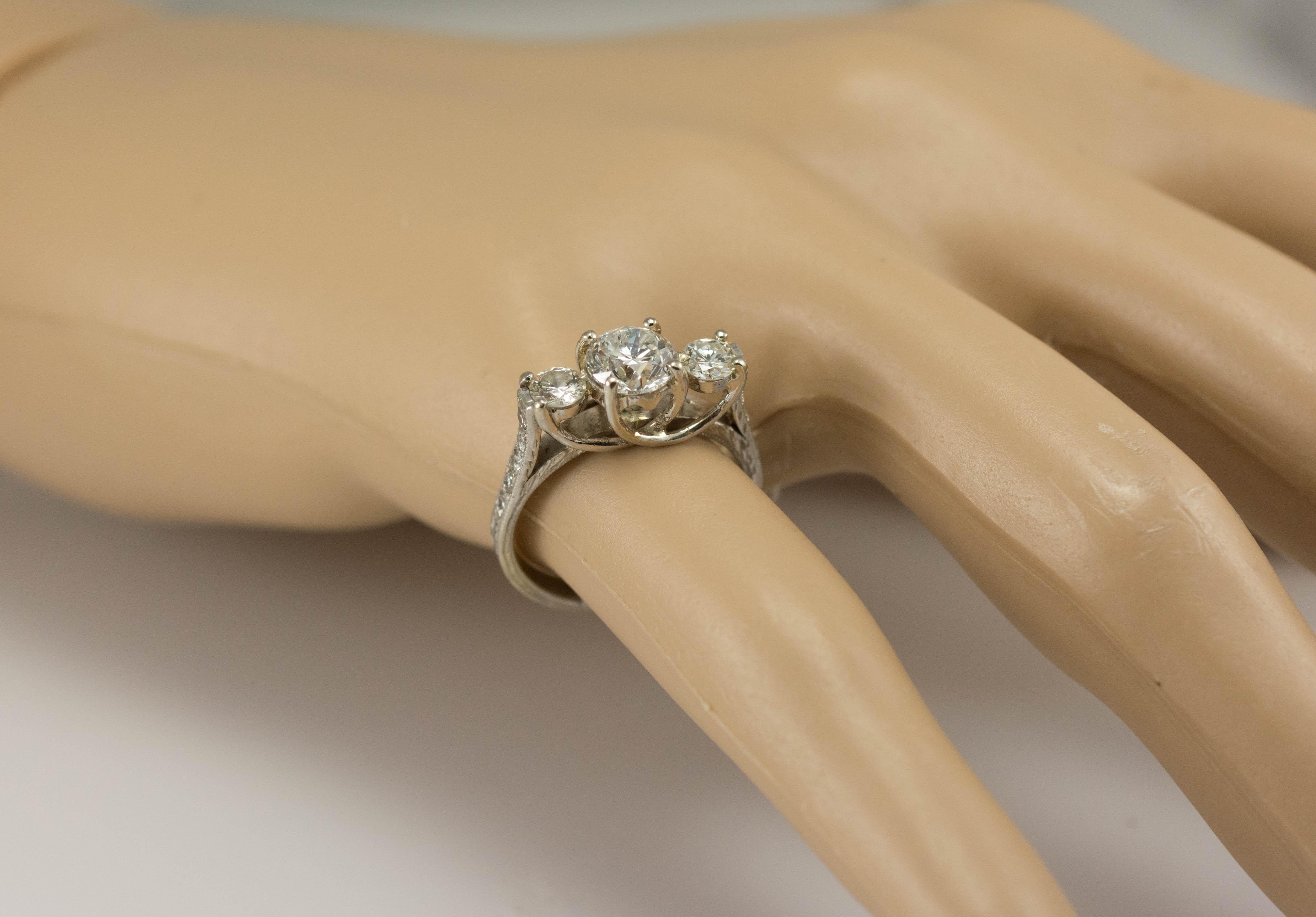Women's 14 Karat White Gold Ladies Three-Stone Diamond Ring with Accents, 1.46 Tdw For Sale