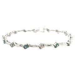 14k White Gold Ladies White and Blue Diamond Floral Link Bracelet 7.5"